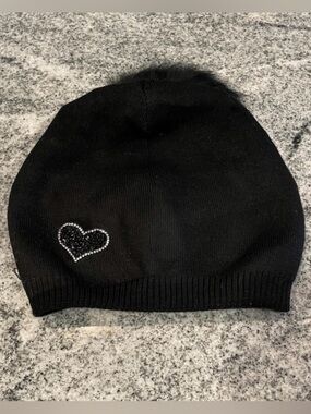 New Custom Designed Black Knit Slouchy Pom Beanie with Black & Clear Heart